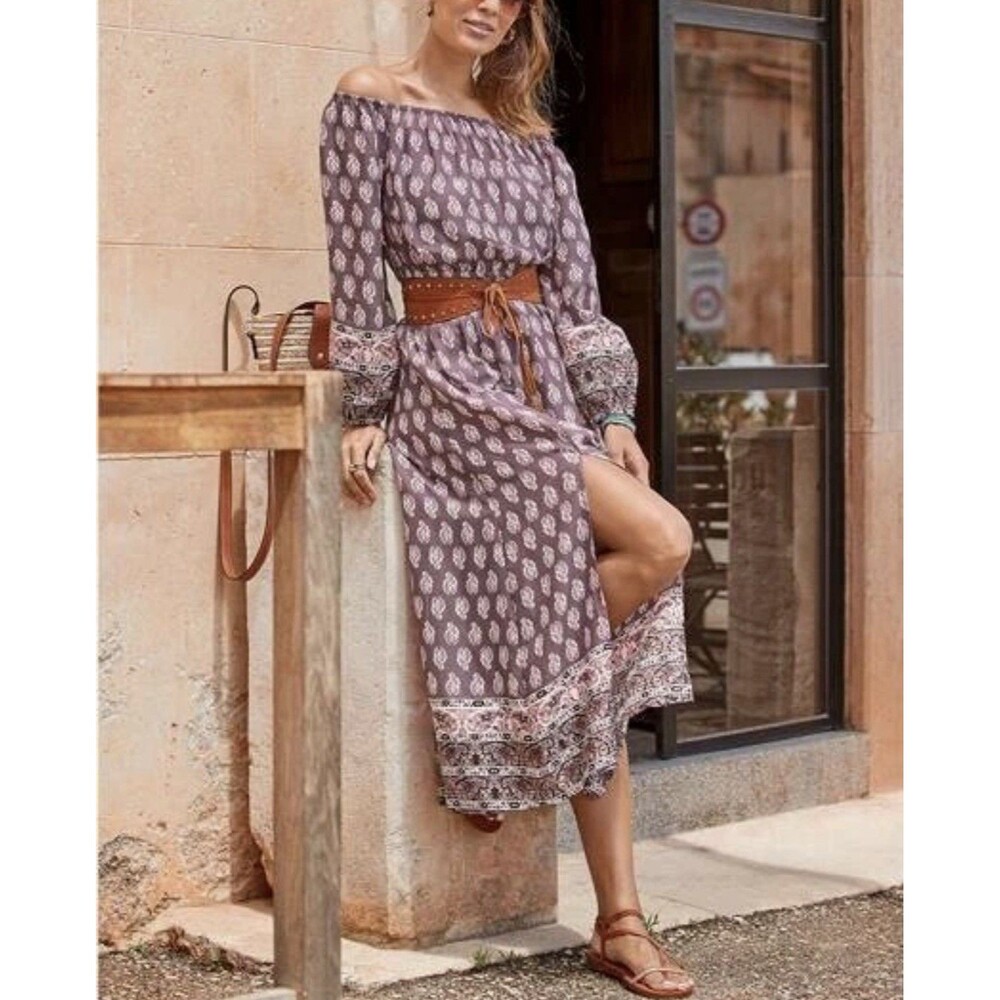 Lascana Venus Sheer Boho Smocked Paisley Maxi Dress Off Shoulder Purple Sz 6 M